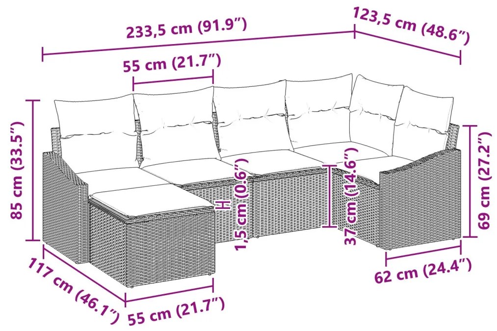 6 részes Kertkanapé Szett Párnákkal Szürke Poli Rattan