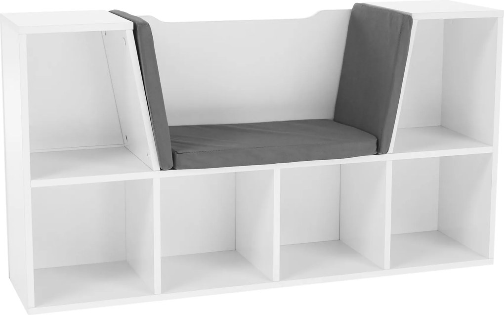 Gyerekkönyvtár ülőhellyel, fehér/szürke, FERIA