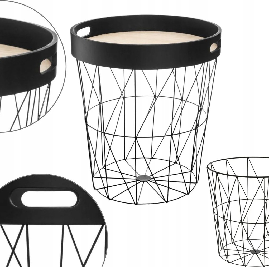 Kumi drót dohányzóasztal loft tálcával oldalsó kiegészítő Mdf fekete