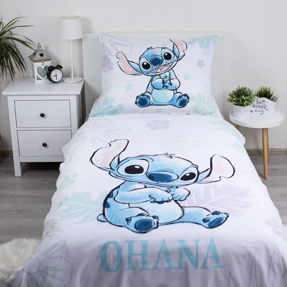 Fehér egyszemélyes pamut gyerek ágyneműhuzat 140x200 cm Lilo and Stitch "Ohana White" – Jerry Fabrics