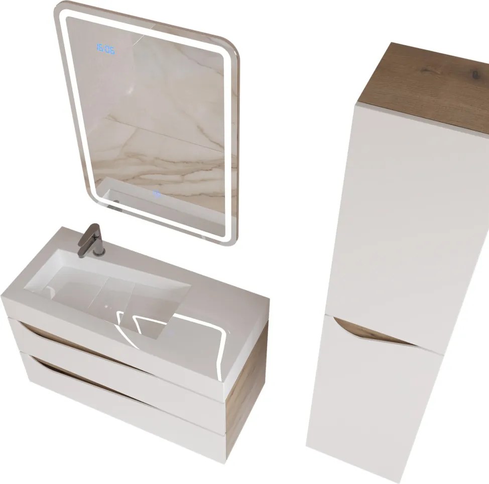 Piramida EURIDIKA fali fürdőszobabútor - műmárvány mosdóval -2 fiókos - ALPINFEHÉR-TÖLGY - 90 x 41 x 56 cm