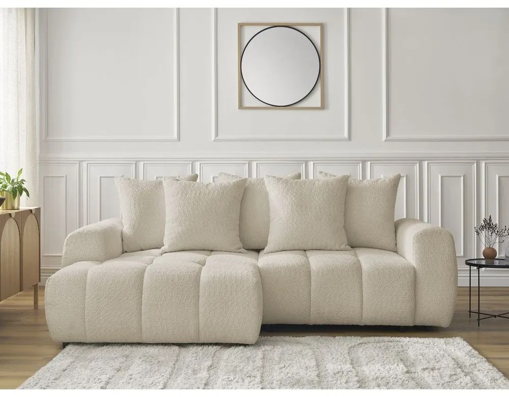 Bézs buklé kinyitható-tárolóhelyes sarokkanapé (bal oldali-heverő résszel) Roxelane – Bobochic Paris