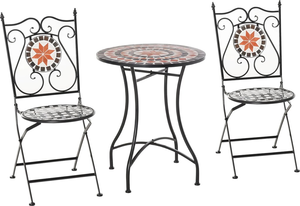 Outsunny Kerti Ülőgarnitúra 3 részes Mozaik Asztal Étkezőszett Erkélybútor Kerti Bútor Szett 1 Asztal + 2 Összecsukható Szék Kerti Fém Többszínű | Aos