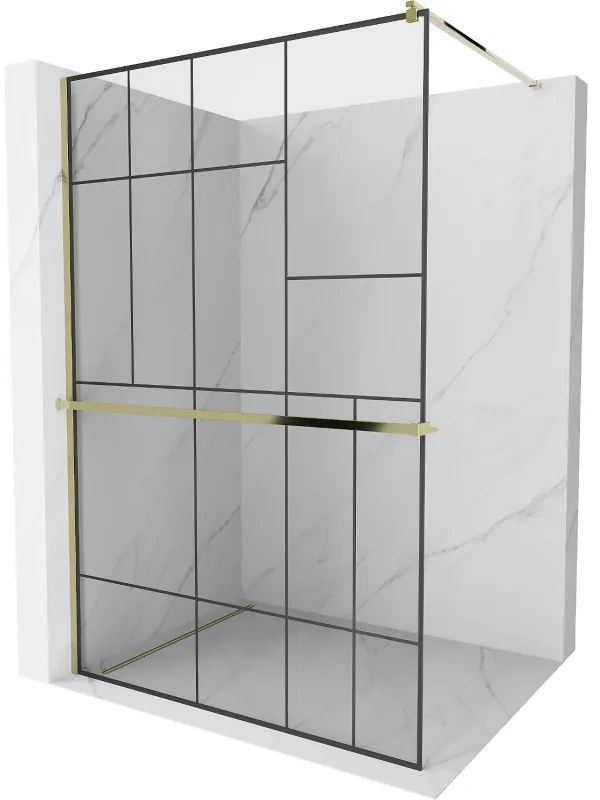 Mexen Kioto +, zuhanyparaván polccal és törölközőtartóval 80 x 200 cm, 8mm átlátszó üvegmintás fekete, arany profil, 800-080-121-50-78