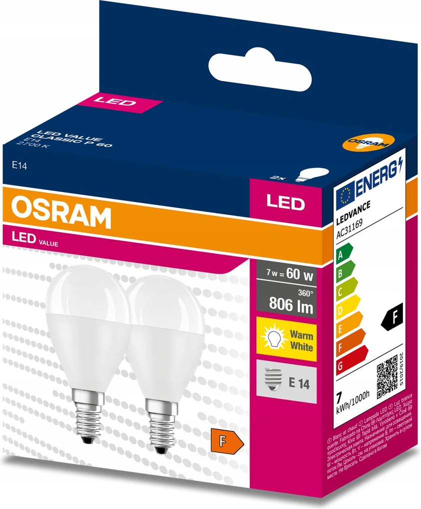 Led izzó E14 P45 6,5W 60W 806lm 2700K Meleg 200° Osram Value 2db
