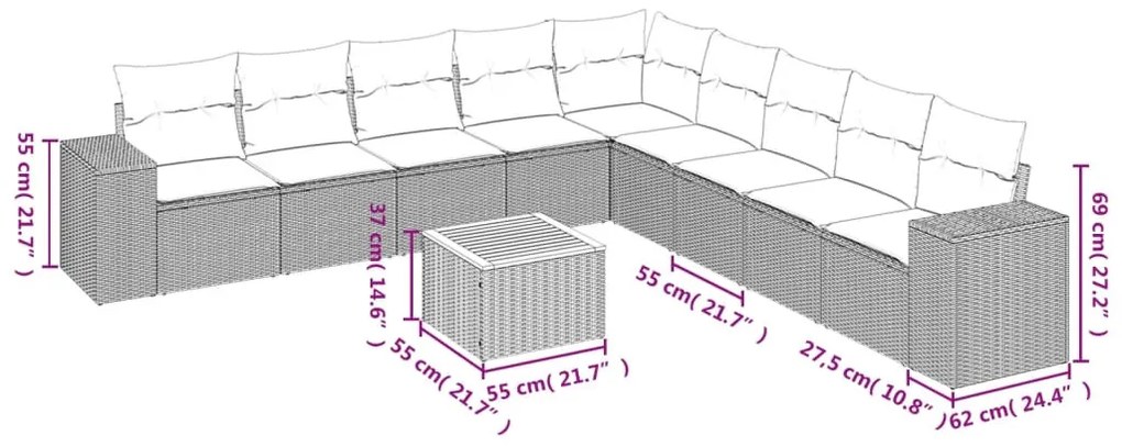 10 részes fekete polyrattan kerti ülőgarnitúra párnákkal