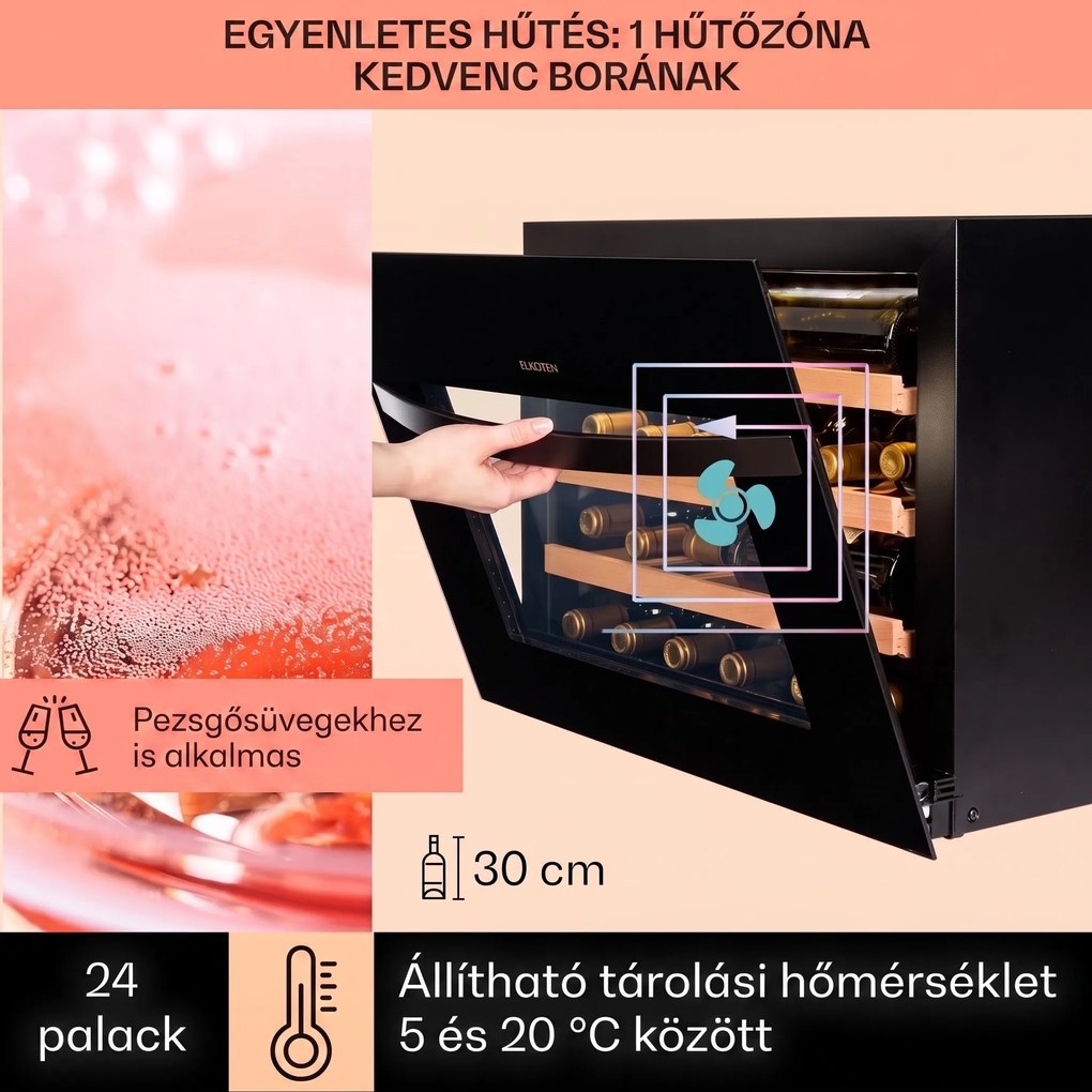 Klarstein Vinsider 24 Built-In Uno, borhűtő, 24 palack, G energiahatékonysági osztály, 1 zóna