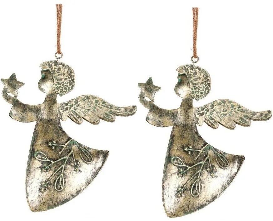 Függő karácsonyi dekoráció Angyal 2 db, fém, arany, 16 x 1 x 13 cm