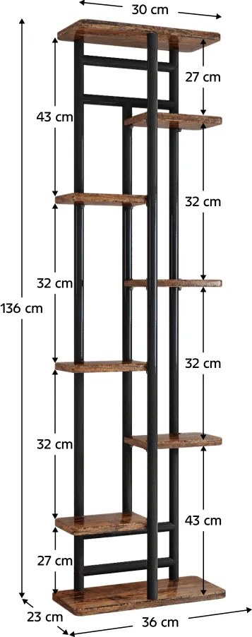 LEDOR TYP 4 8 polcos virágállvány, fémvázzal, 36 x 23 x 136 cm, rusztikus fa/fekete