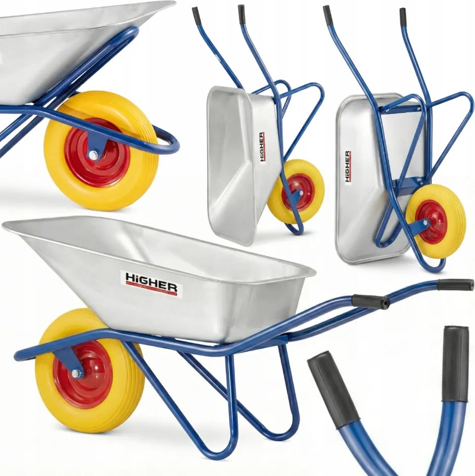 Építőipari kerti talicska acél 210kg Higher 130L kerékvédelemmel Erős