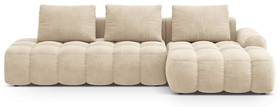 Bézs bársony kinyitható-tárolóhelyes sarokkanapé (jobb oldali-heverő résszel) Linz – Cosmopolitan Design