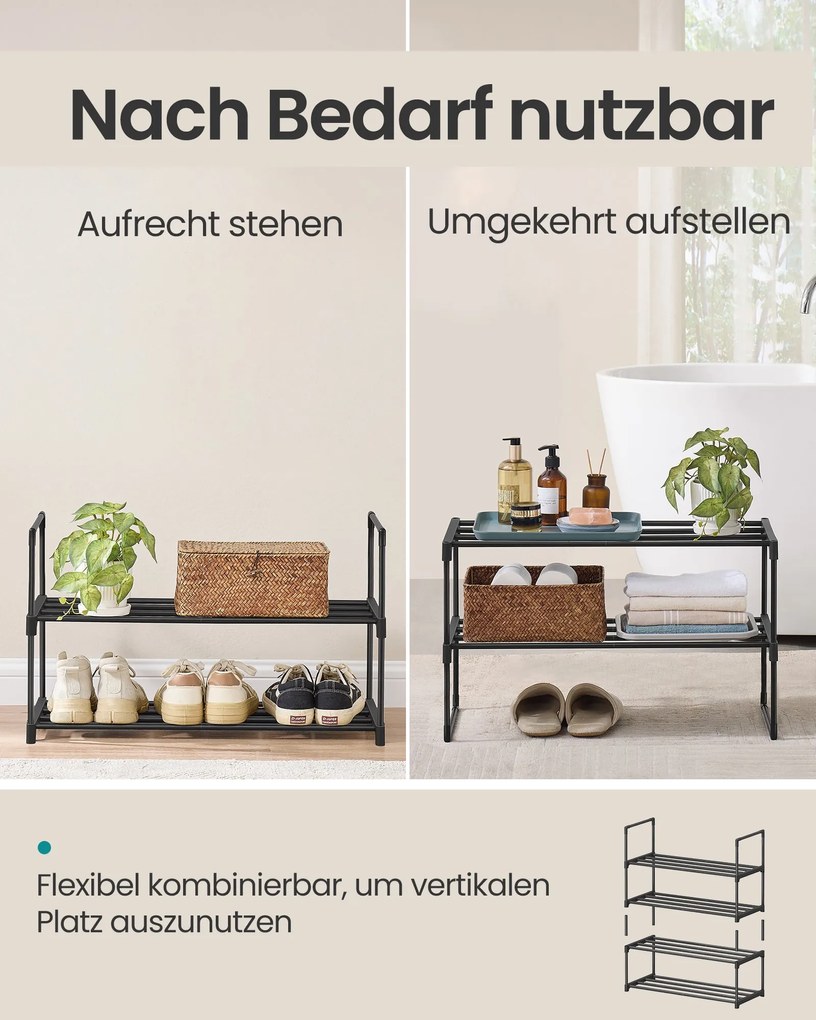 SONGMICS kétszintes fém cipőpolc, 68 cm, egymásba rakható, fekete