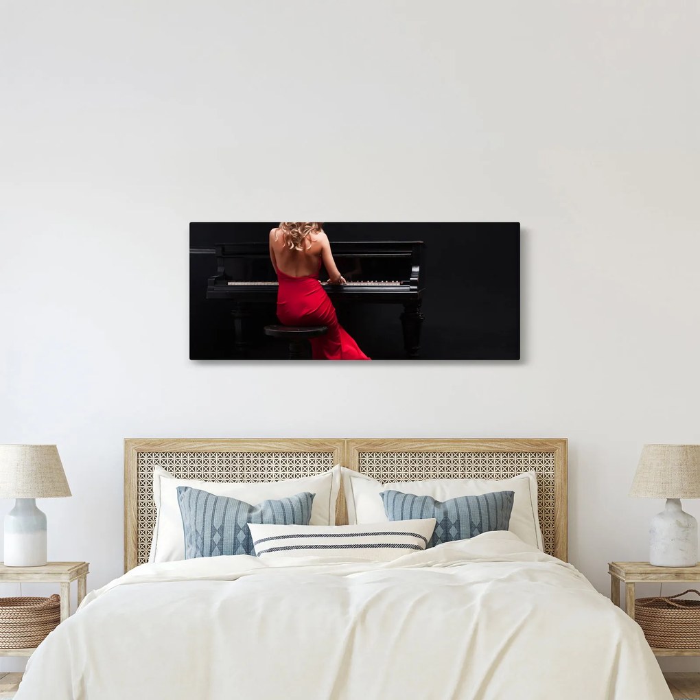 Egy zongorán játszó nő képe (120x50 cm)