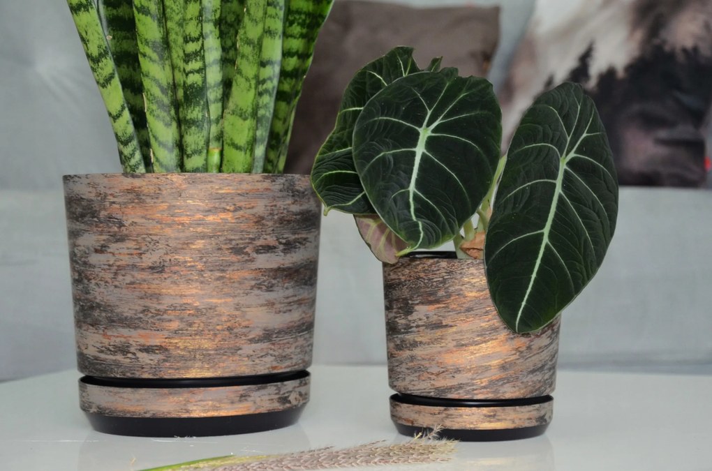 12 cm Rozsda Kéreg kaspó állvánnyal fa hatású faszerű textúra