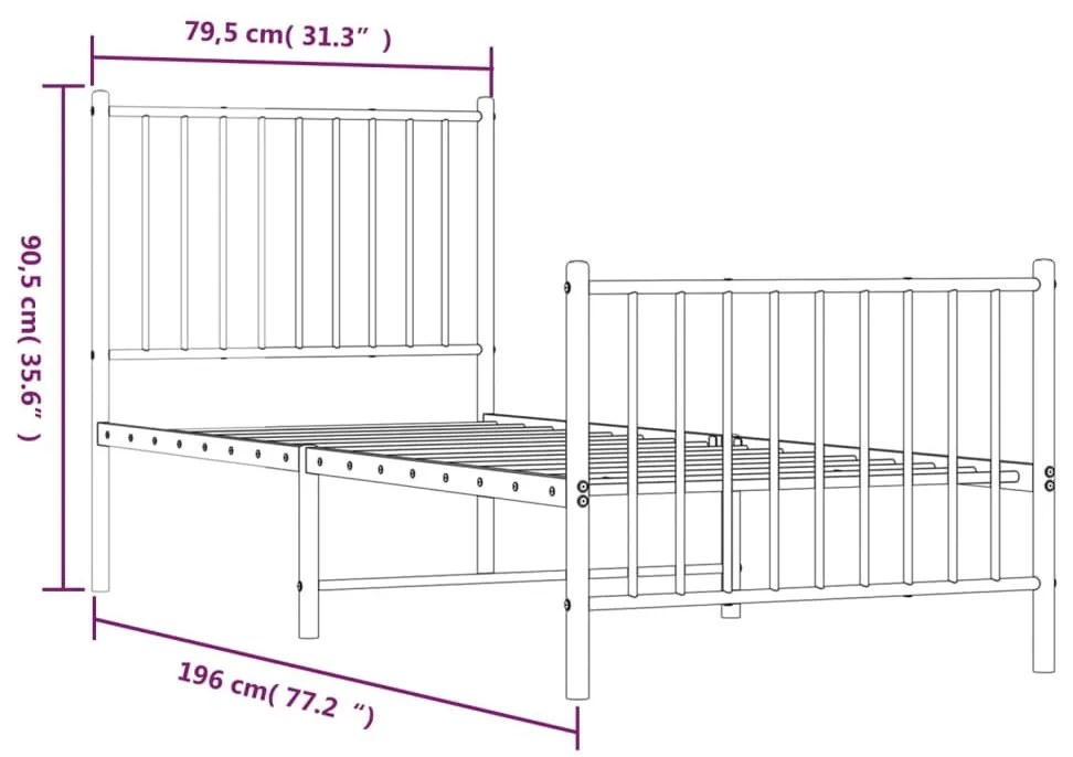 fekete fém ágykeret fej- és lábtámlával 75 x 190 cm