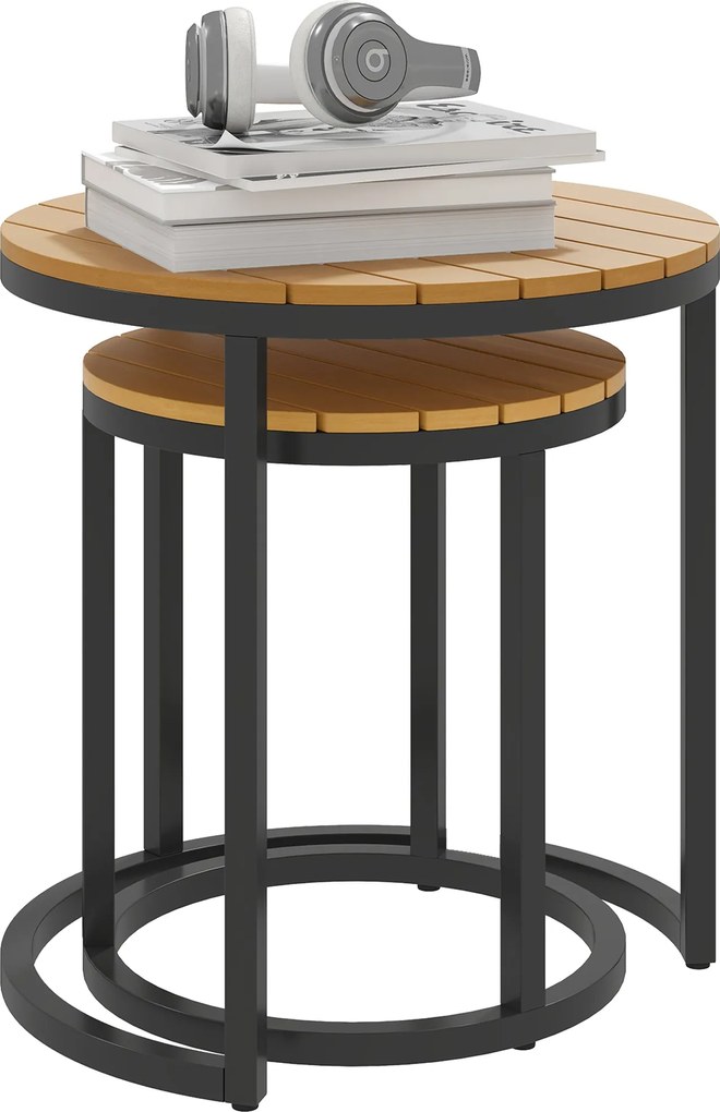 Outsunny 2 darabos Kerti Asztal Szett Akácfából készült Fűrészelt Felülettel, Zsúfolt Kerti Oldalasztalok Acél Vázal és Állítható Lábakkal Erkélyre, T