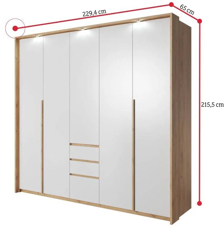 Šatní skříň LOXEN, 225x213,5x60, fehér/tölgy kraft arany