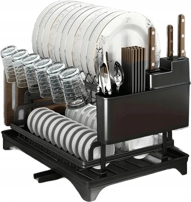 Edényszárító Csepegtető Lefolyóval Kétszintes Fekete Álló