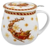 Karácsonyi porcelán bögre szűrővel tetővel dobozban Santa on Sleigh