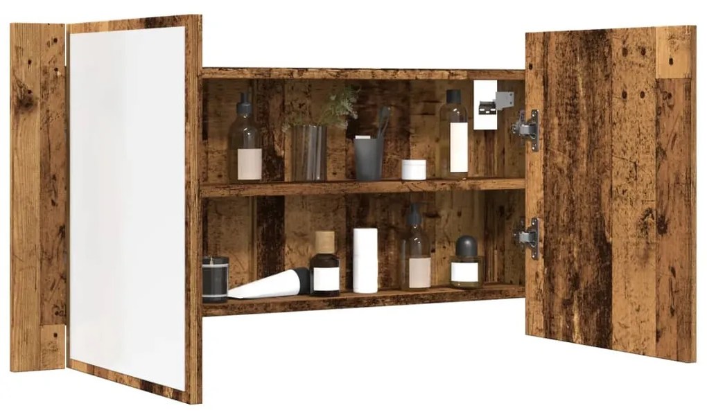 antik fa színű szerelt fa tükrösszekrény LED-del 90x12x45 cm