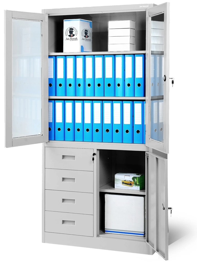 Irodai üvegezett szekrény fiókokkal WIOLA, 900 x 1850 x 400 mm, szürke