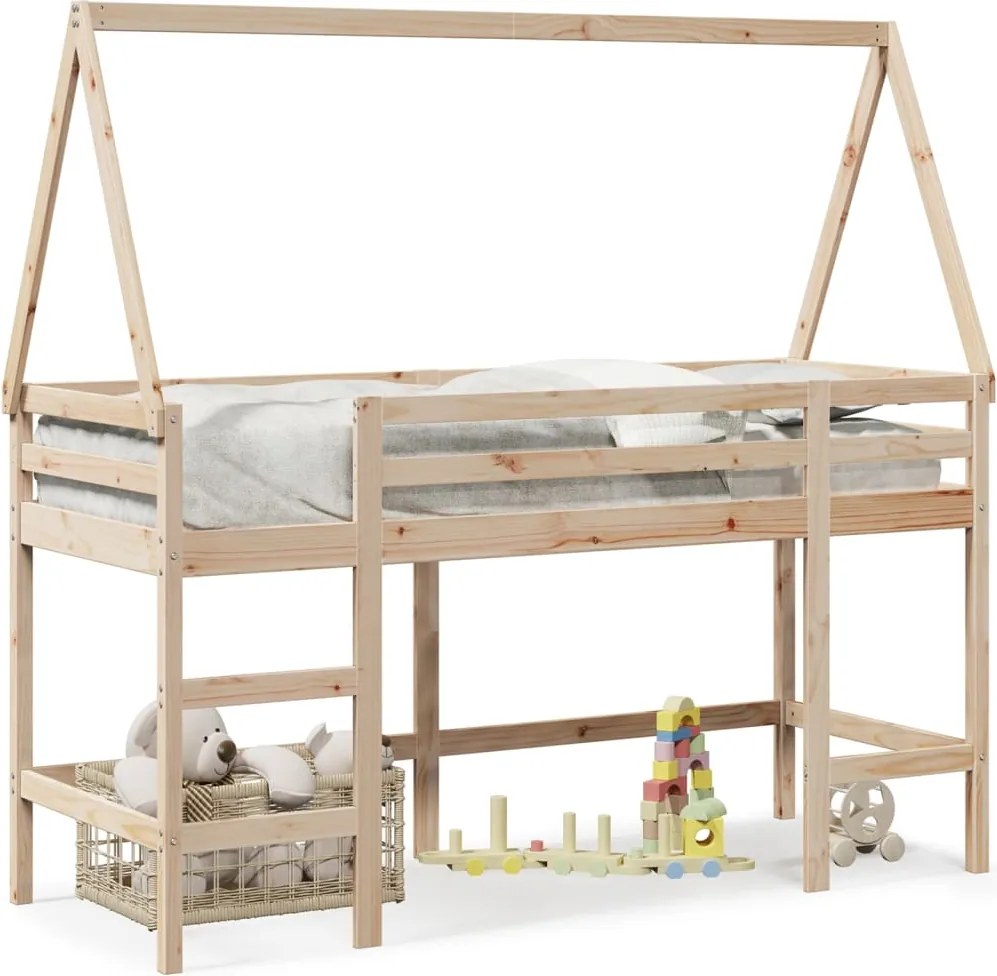 vidaXL tömör fenyőfa galériaágy létrával és tetővel 90 x 190 cm