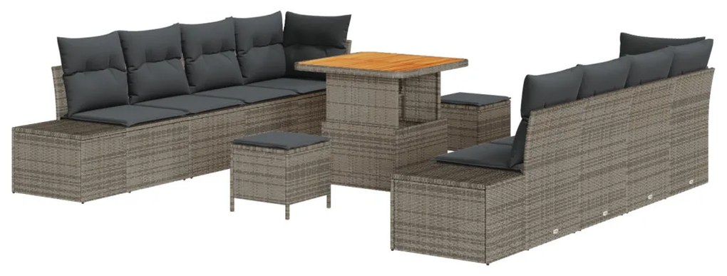 11 darabos kerti kanapé szett párnákkal, szürke, poli rattan, akác, 2 személyes kerti kanapé tárolóval és párnákkal, szürke poli rattan, 3 darabos kerti étkező szett párnákkal, szürke poli rattan, akác