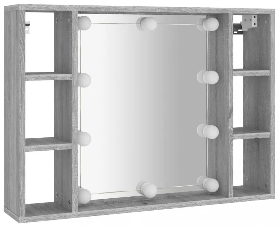 szürke sonoma színű tükrös szekrény LED-ekkel 76 x 15 x 55 cm