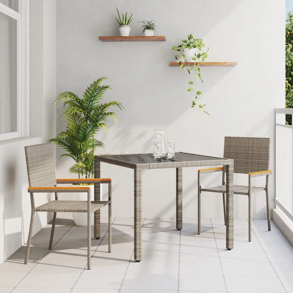 3 Részes Kerti Étkezőszett Szürke Poli Rattan, Összecsukható Kerti Székek Párnákkal 2 db Szürke Poli Rattan