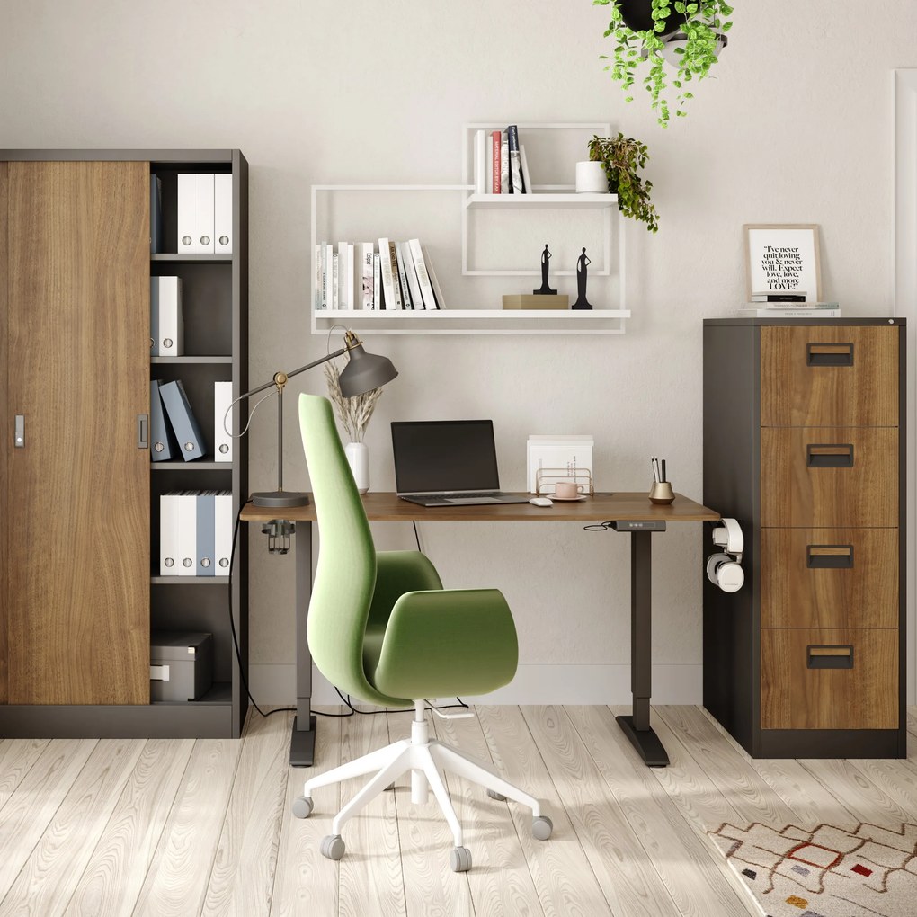 Fém irodai szekrény tolóajtókkal, antracit/dió, 900x1850x400 mm: KUBA Eco Design