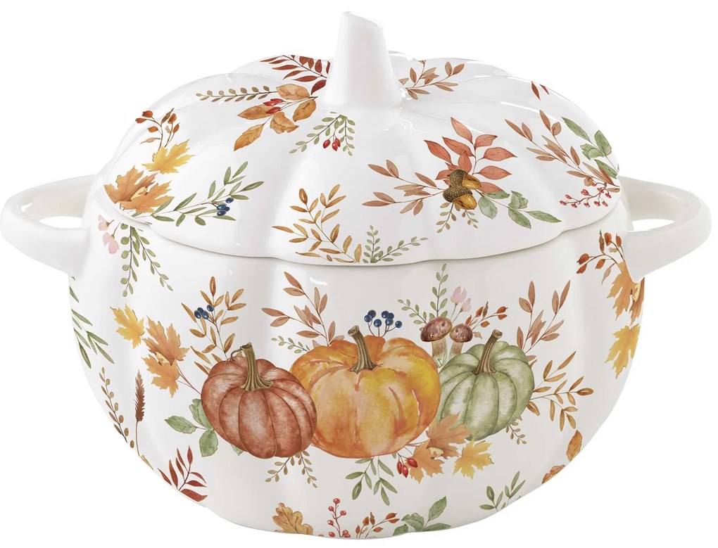 Őszi Mintás tök formájú porcelán kínáló tál fedővel 19x16cm