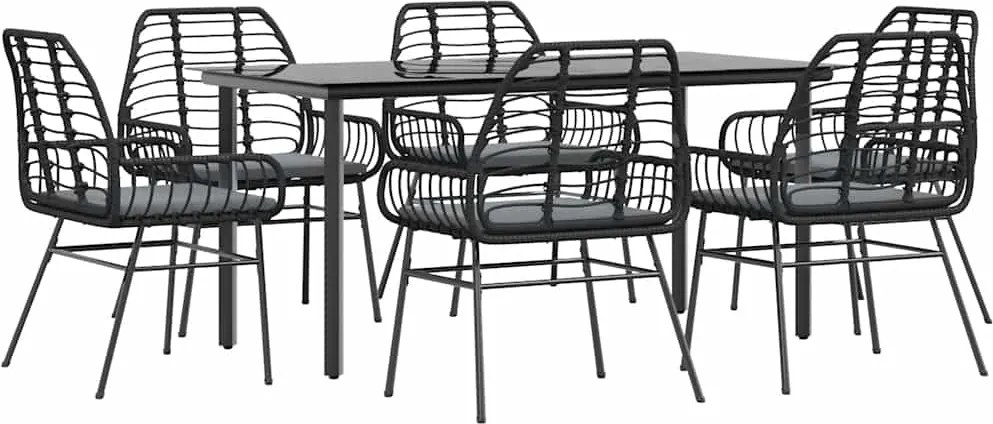 vidaXL 7 részes fekete polyrattan üveg kerti étkezőgarnitúra párnákkal