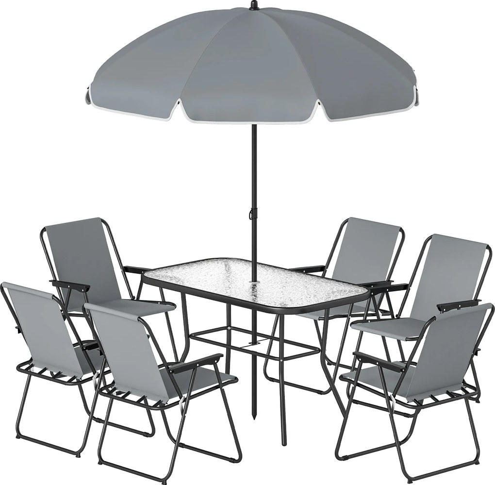 Outsunny 8 részes kerti szett — edzett üveg asztal, 6 összecsukható Textilén szék és 180 cm napernyő, porfestett acél váz | Aosom