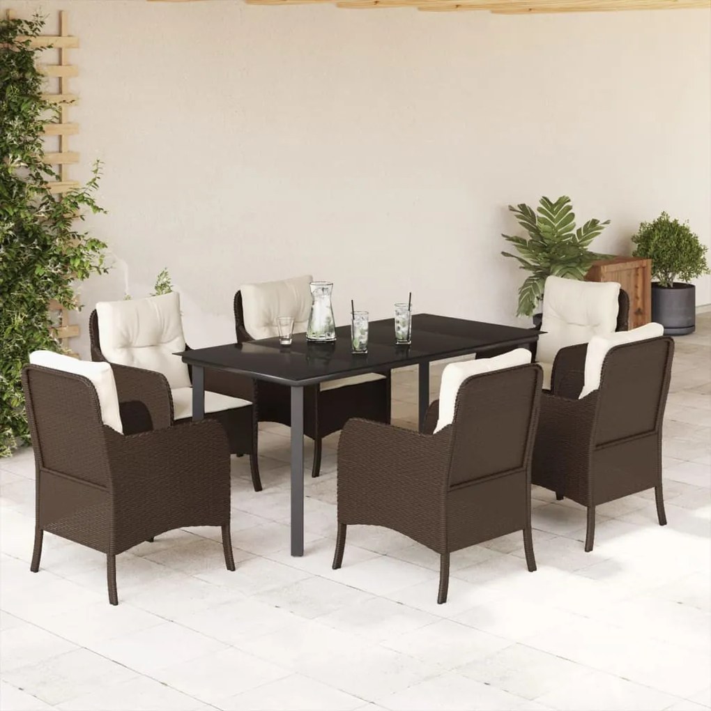 7 részes barna polyrattan kerti étkezőgarnitúra párnával