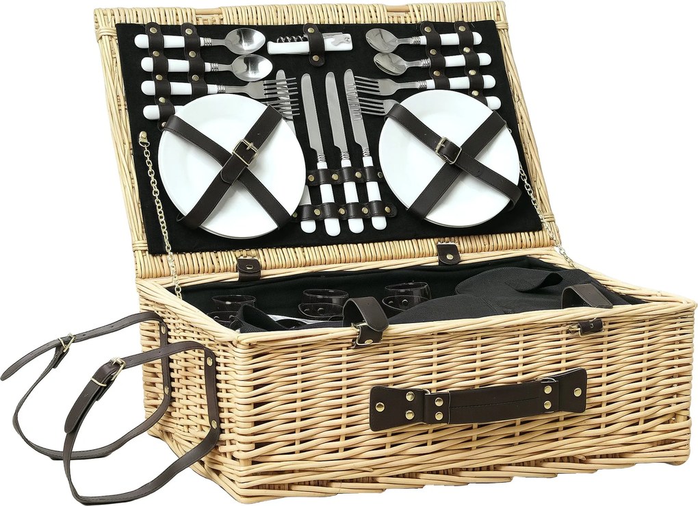 Outsunny Fűzfa Piknik Kosár 4 Férőhellyel Hőszigetelt Hűtőtáskával, Piknik Terítővel, Evőeszköz Készlettel - Teljes Piknik Készlet Kempinghez, Tengerp