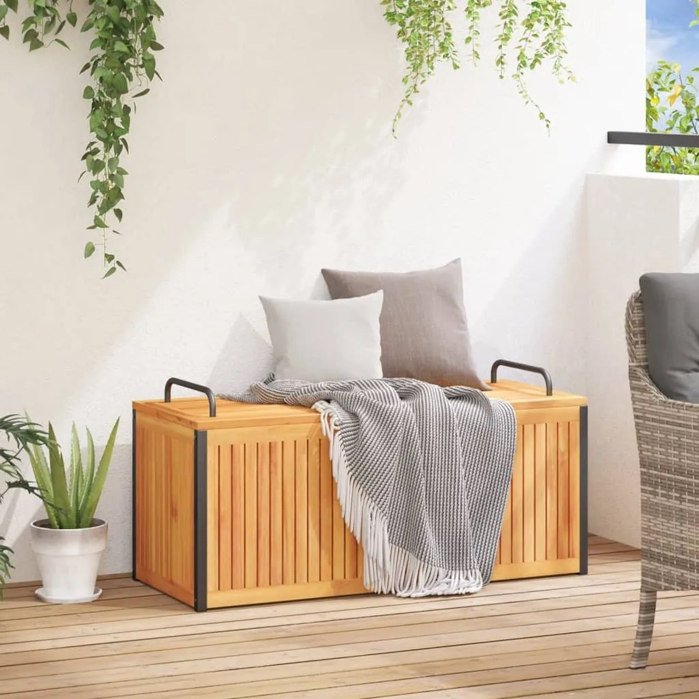 tömör akácfa és acél kültéri párnatartó láda 110x45x42/53 cm