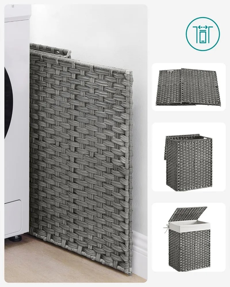 Kézzel fonott rattan szennyeskosár, összecsukható, kivehető zsákkal 90L, szürke