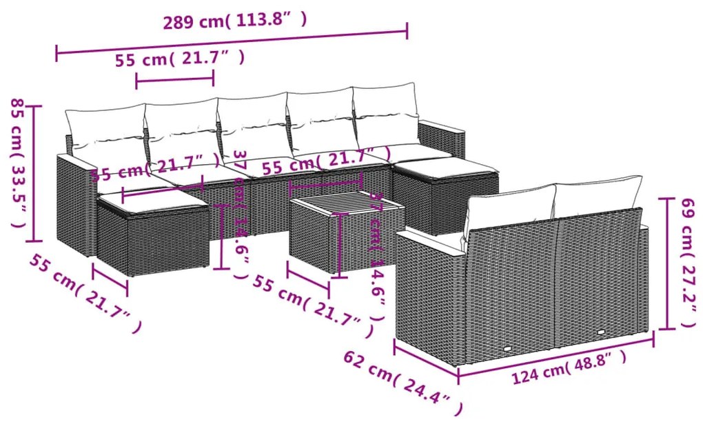 10 részes szürke polyrattan kerti ülőgarnitúra párnákkal