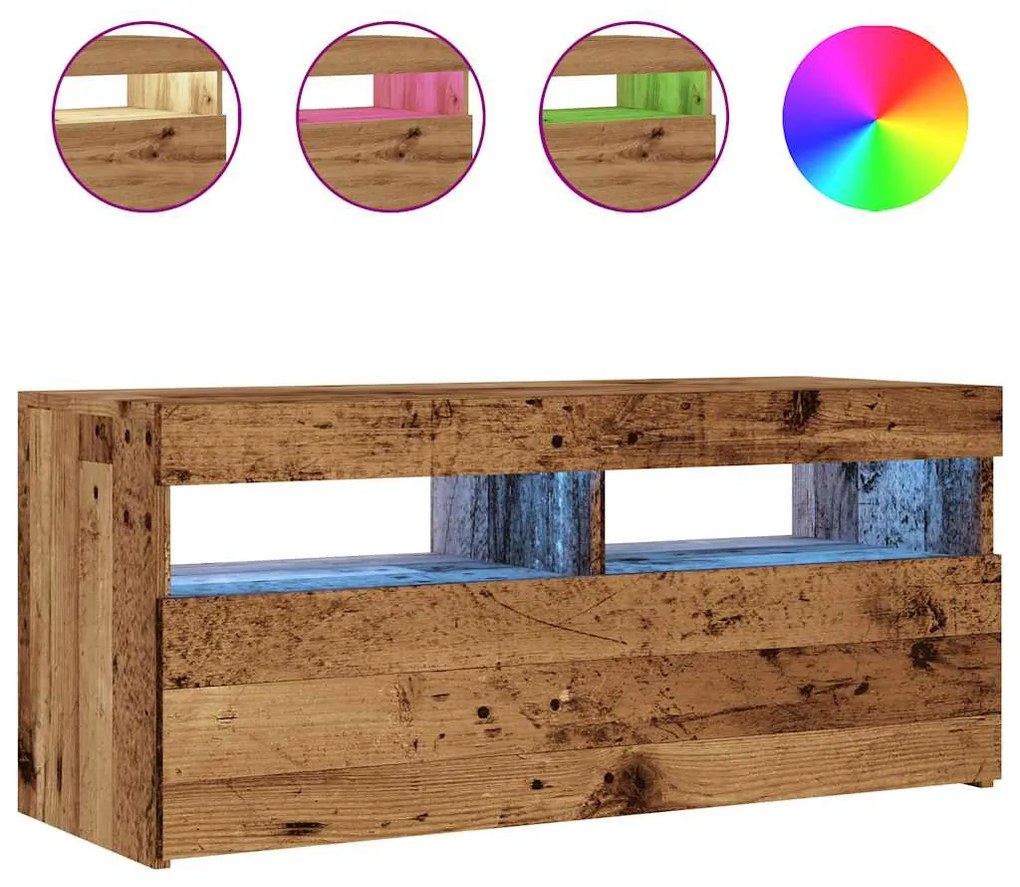 antik fa színű szerelt fa TV-szekrény LED-ekkel 90x35x40 cm
