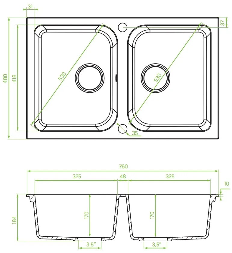 Laveo Celia, 2-kamrás gránit mosogató 760x480x184 mm, bézs, LAV-SBC_420T