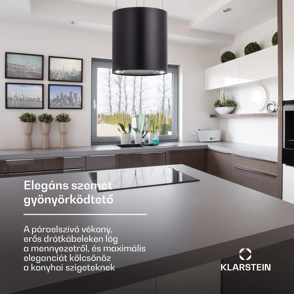 Klarstein Barett, sziget páraelszívó, Ø 35 cm, légkeringetés, 560 m³/ó, LED, aktívszén szűrő, fekete