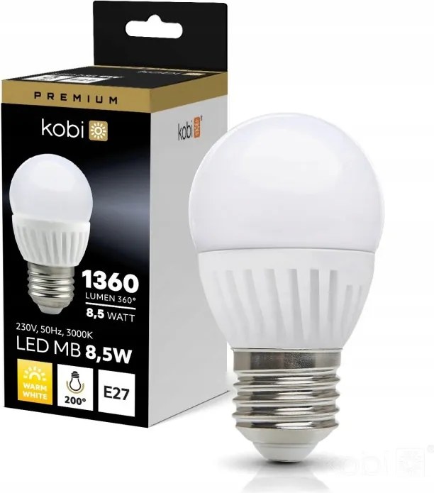 Led izzó golyó E27 8,5W b.meleg 3000K 1360lm tejfehér G45 Prémium Kobi