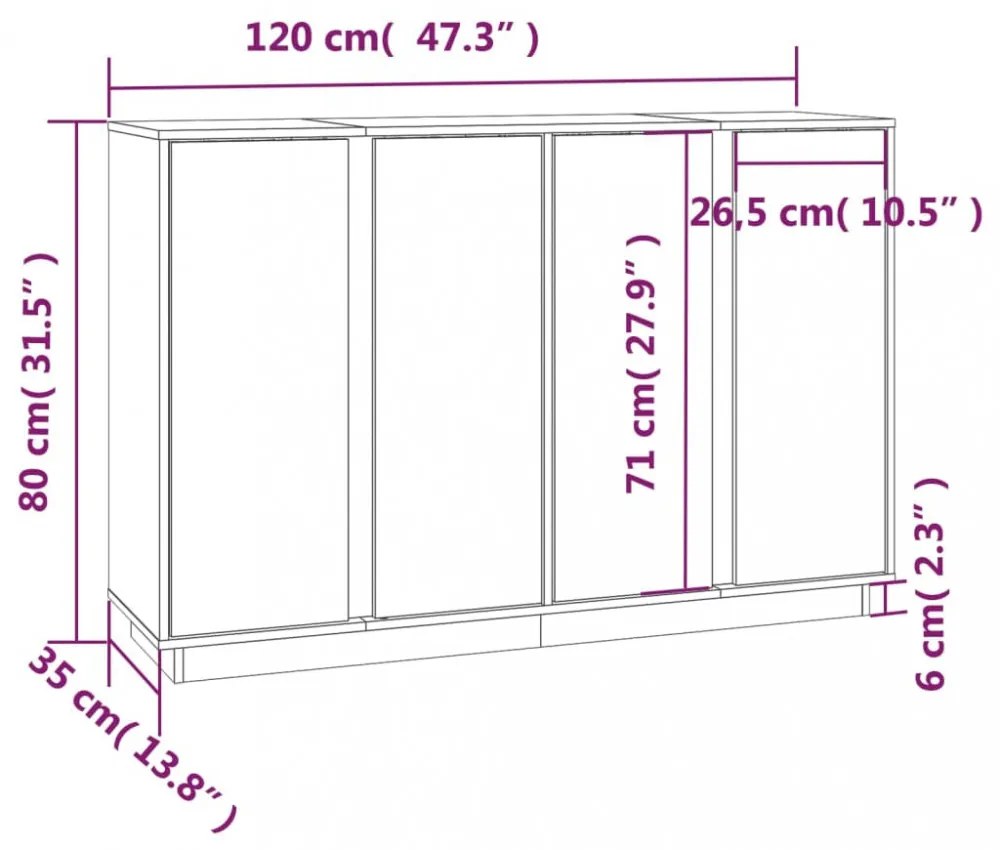 fekete tömör fenyőfa tálalószekrény 120x35x80 cm