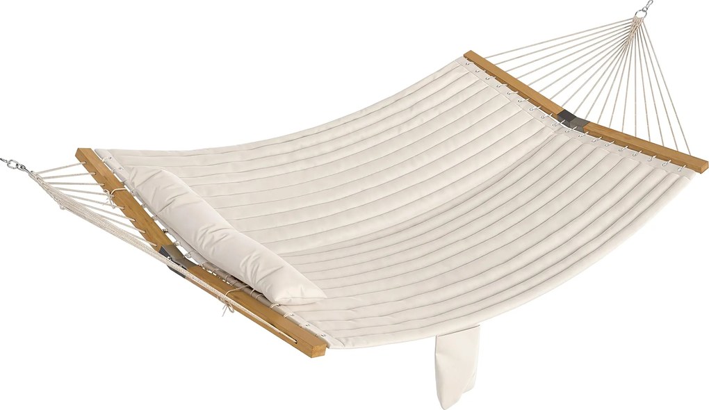 Outsunny kültéri függőágy 200 x 140 cm – két rétegű steppelt dupla függőágy fejtámlával, újságtartóval és bükkfa terítőrúddal, krémfehér | Aosom