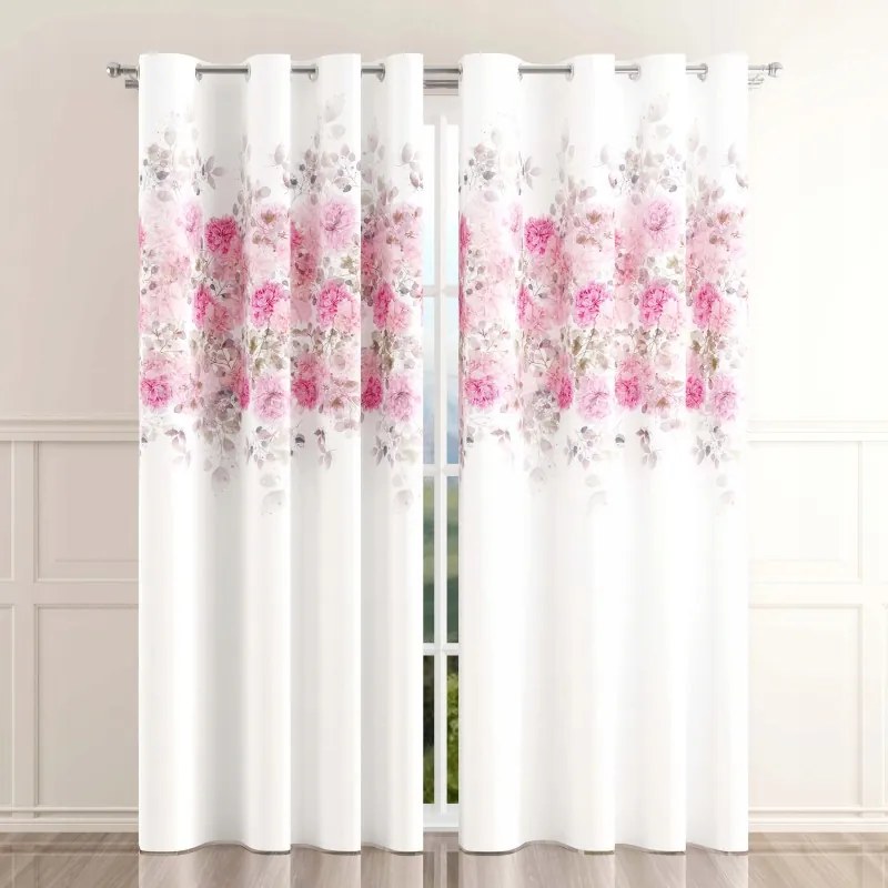 Modern nyomtatott függöny fehér-rózsaszín virágokkal 150x250cm Fantera