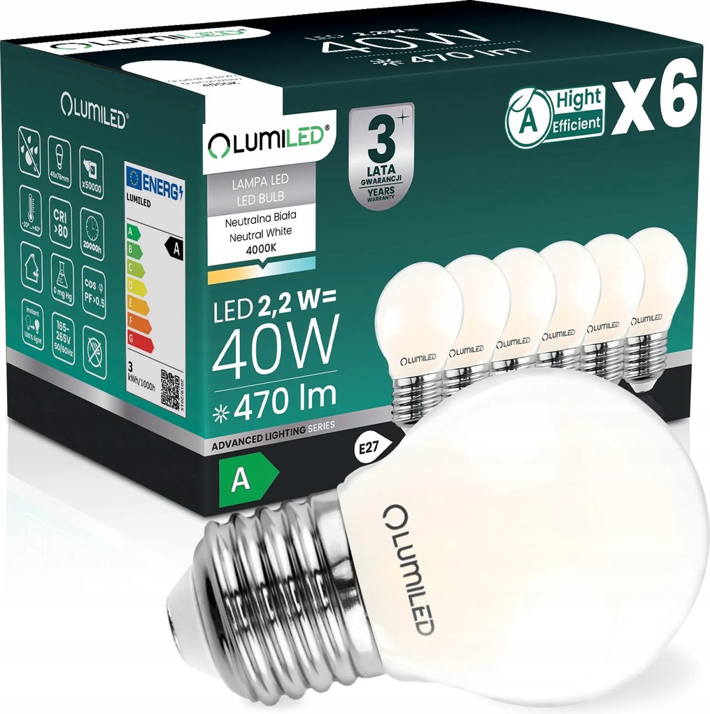 6x Led Izzó E27 Filament A Osztály 2,2W 470LM 40W 4000K 360° Golyó