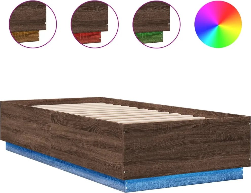 vidaXL barna tölgyszínű szerelt fa ágykeret LED-del 90 x 200 cm