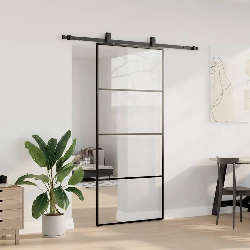 Fekete ESG üveg tolóajtó fémszerelvény-szettel 90x205 cm