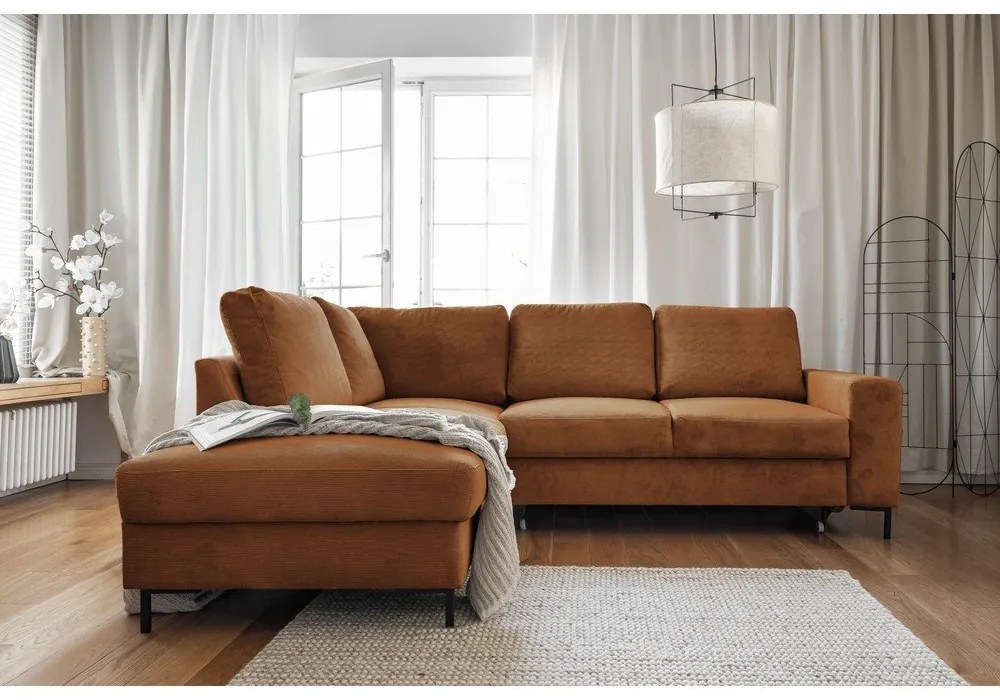 Narancssárgásbarna kordbársony kinyitható sarokkanapé (bal oldali) Lofty Lilly – Miuform