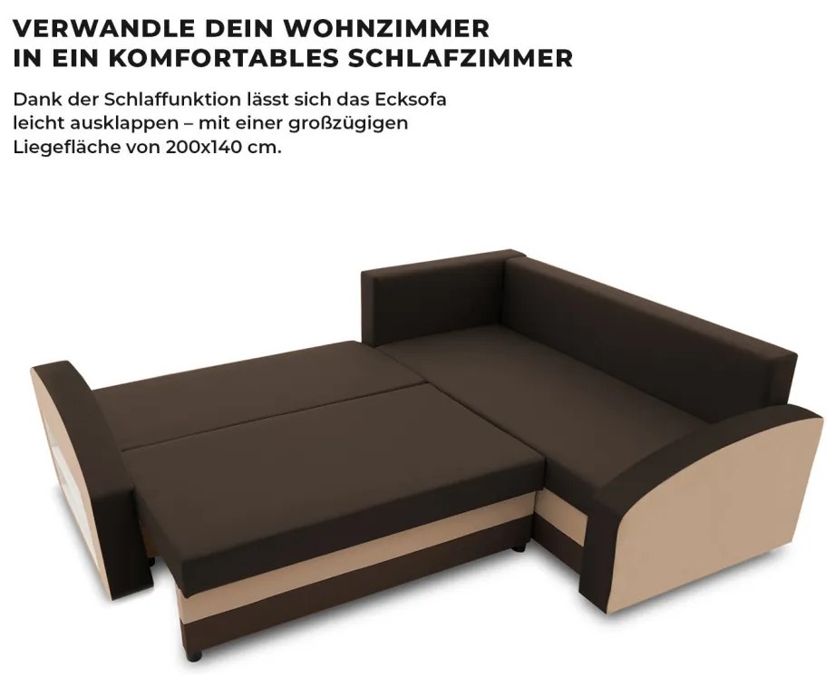 Grande sarokkanapé polcokkal , polc a bal karfaban, jobboldali, szövet anyag, hab töltet, barna